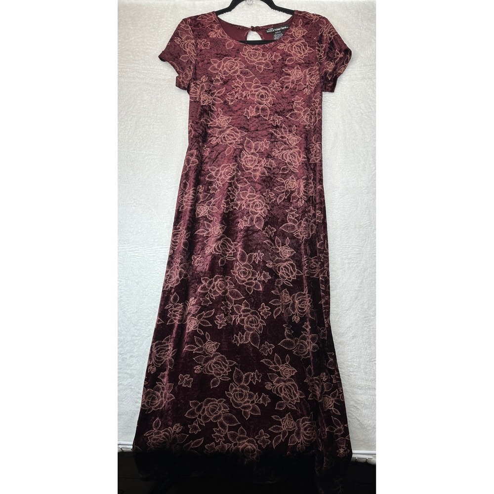No Boundaries Maxi Dress Womens M Burgundy Velvet Glitter Floral Short Sleeve